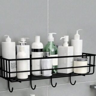 Wall-Mounted Bathroom Shelving Punch Corner Frame Rack, Wrought Iron Shelf, Shower Storage Rack For Shampoo, Cosmetics, Detergents & Kitchen Seasoning Organizer Basket, Color: Black, Heavy Quality, Bigger Size MA53