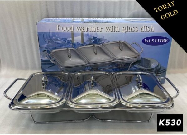 TORAY GOLD Food Warmer with Glass Dish Set, 3x1.5 Litre - K580