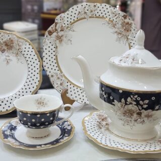 24-Piece Bone China Tea Set with Polka Dot and Floral Design