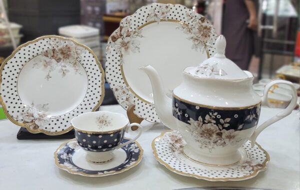 24-Piece Bone China Tea Set with Polka Dot and Floral Design