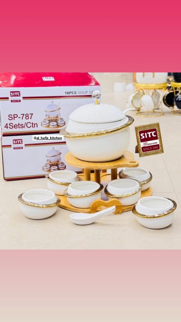 Luxurious 16-Piece Black and Gold Soup Set with Rotating Stand