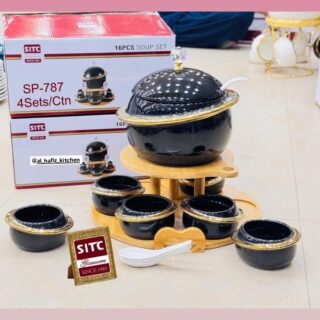 Luxurious 16-Piece Black and Gold Soup Set with Rotating Stand