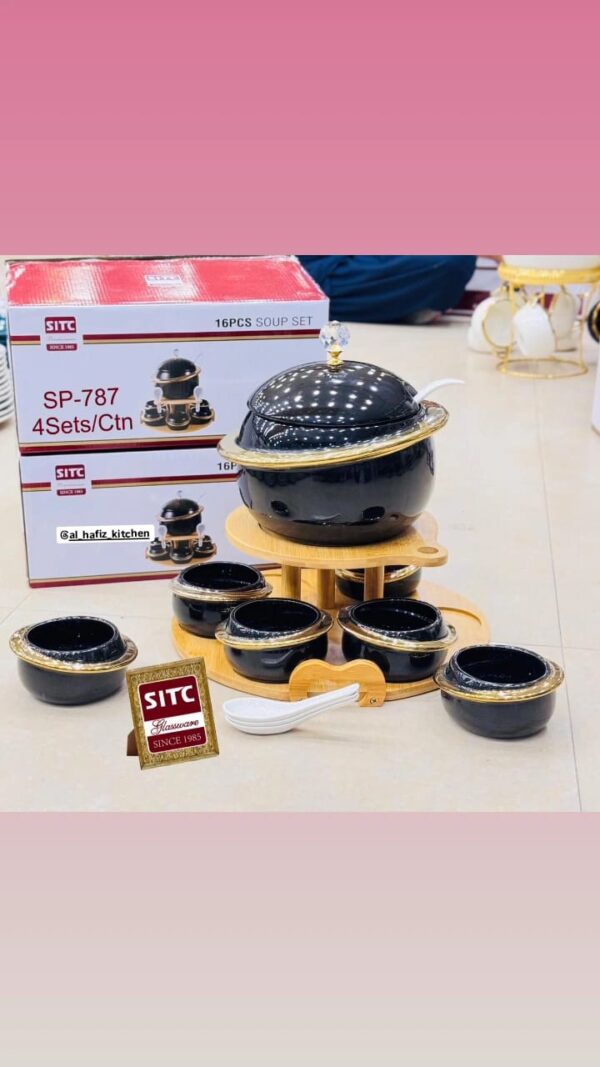 Luxurious 16-Piece Black and Gold Soup Set with Rotating Stand