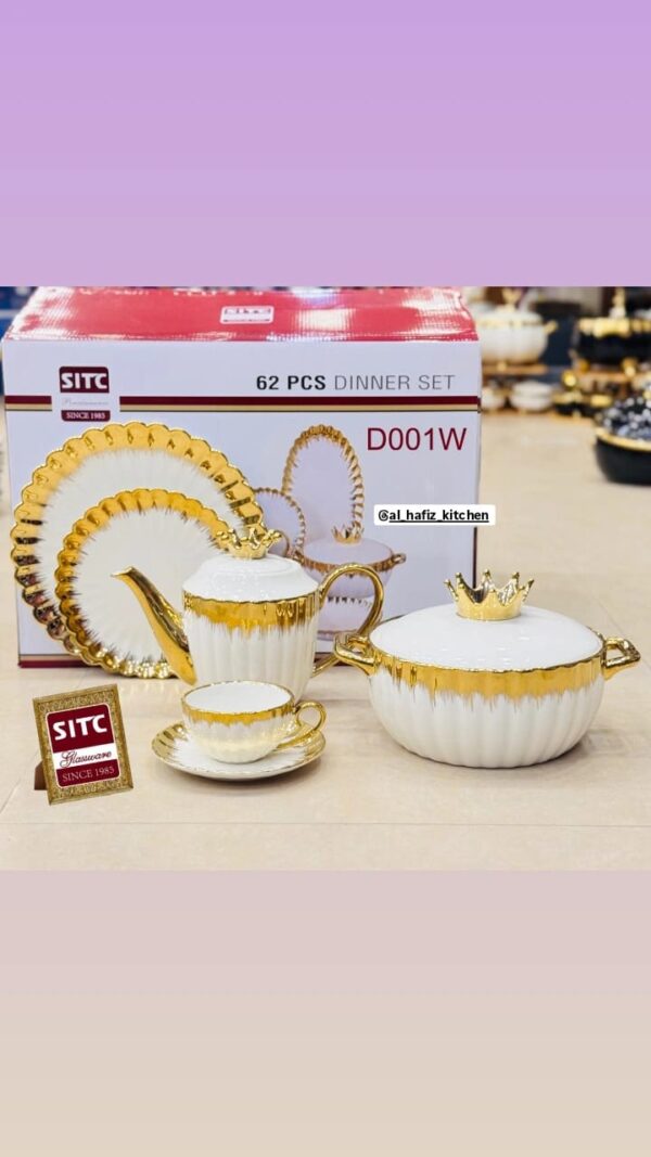 Elegant 62 PCS Dinner Set - Royal White & Gold Design (Model D001W)